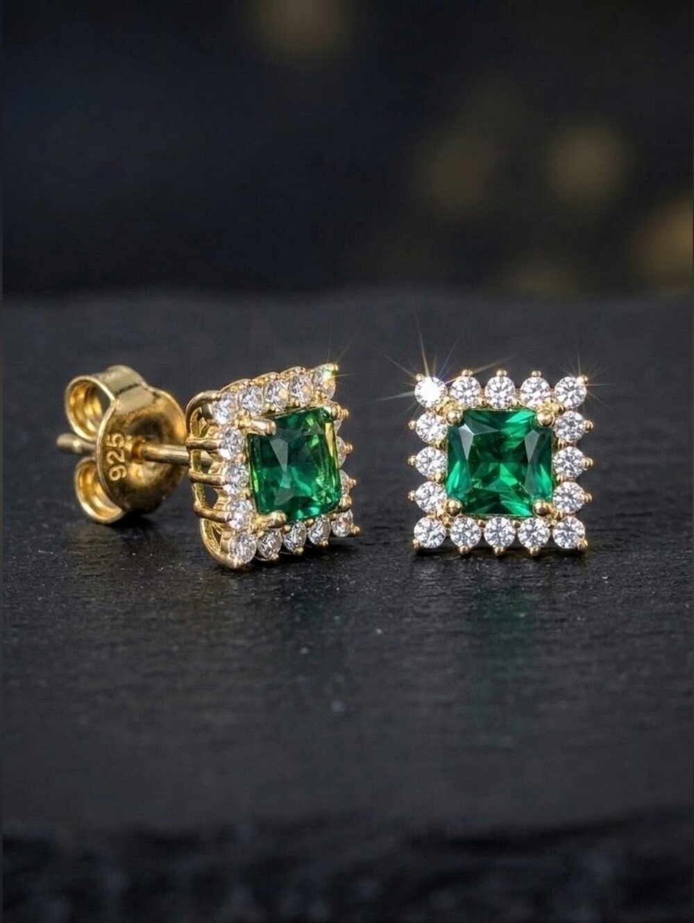 Green Nano Emerald 7mm Square Halo Studs | 18K Gold Vermeil | 925 Silver Rhodium